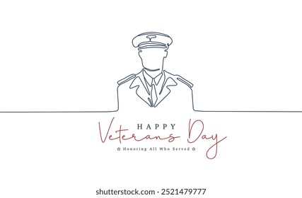 Minimalist one line art Veterans Day, A minimalist one line drawing of a military officer in uniform, continuous one line drawing minimal vector illustration