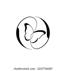 Minimalistisches Logo-Design für Schmetterlinge aus einer Linie. Schmetterling in Yang Symbol für die Natur Lebenszyklus. Moderne Line Art, Vektorgrafik, Grafik, Ikone, Illustration. 