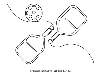 Minimalist one line contour pickleball rackets. Outline vector illustration, isolated on white background