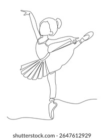 Minimalist one line drawing of a ballet dancer in an elegant pose. Suitable for art prints, dance school materials, creative posters, invitations, apparel, etc.
