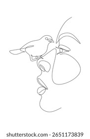 Minimalist one line drawing of a bird perched on a woman's face, created in a surreal and artistic style. This continuous line vector illustration blends nature and human expression