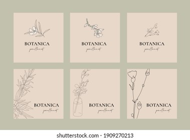 Minimalist One Line Drawing Of Blossom. Set Of Graphic Flower Elements. Modern Botanics Illustrations. Stylish Vector Plant. Logo, Sign, Symbol, Template For Cosmetics, Flower Shop, Spa