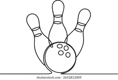 Minimalist one line drawing of bowling ball with spiral pattern rolling toward five pins in continuous line style

