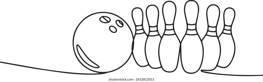 Minimalist one line drawing of bowling ball with spiral pattern rolling toward five pins in continuous line style

