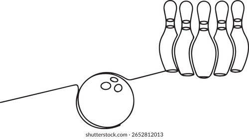 Minimalist one line drawing of bowling ball with spiral pattern rolling toward five pins in continuous line style

