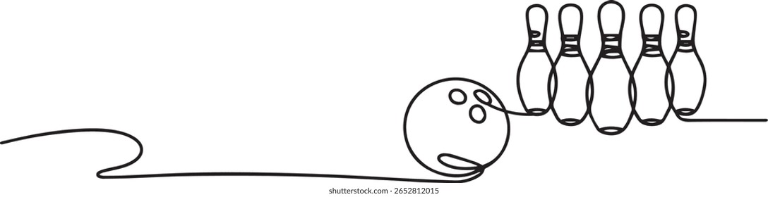 Minimalist one line drawing of bowling ball with spiral pattern rolling toward five pins in continuous line style

