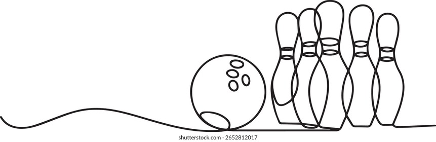 Minimalist one line drawing of bowling ball with spiral pattern rolling toward five pins in continuous line style

