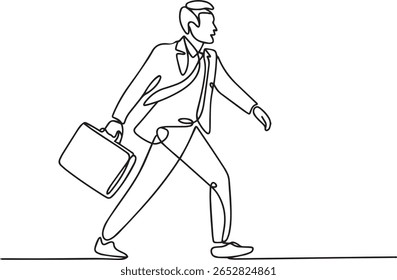 Desenho minimalista de uma linha de empresário em perfil andando com pasta em terno formal e gravata

