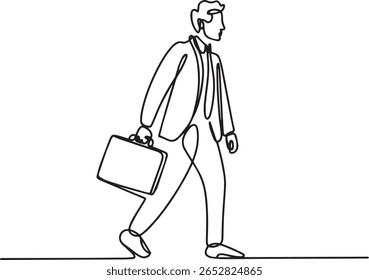 Desenho minimalista de uma linha de empresário em perfil andando com pasta em terno formal e gravata

