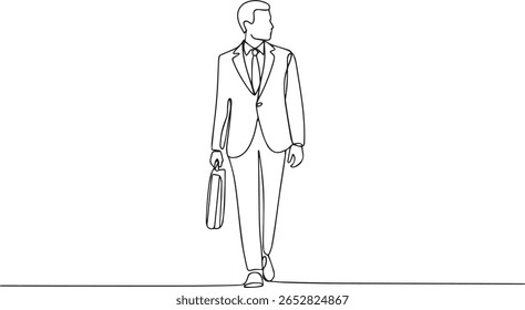 Desenho minimalista de uma linha de empresário em perfil andando com pasta em terno formal e gravata

