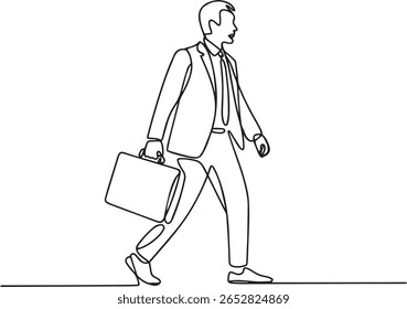 Desenho minimalista de uma linha de empresário em perfil andando com pasta em terno formal e gravata

