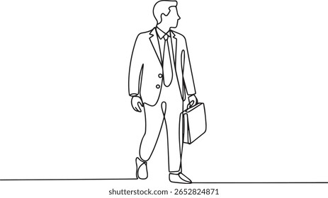 Desenho minimalista de uma linha de empresário em perfil andando com pasta em terno formal e gravata

