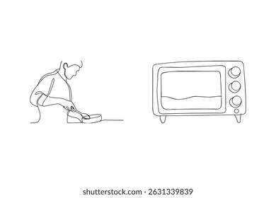Desenho minimalista de uma linha de um cozinheiro chef em uma panela ao lado de um forno de micro-ondas vintage