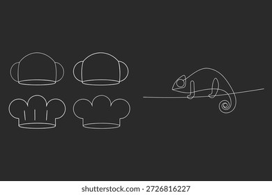 Dibujo minimalista de una línea de sombreros de chef y camaleón, estilo de arte lineal moderno