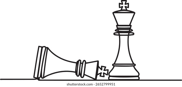 Desenho minimalista de uma linha do jogo de xadrez com peão branco ao lado do rei preto caído na linha de base horizontal

