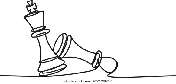 Minimalist one line drawing of chess game with white pawn beside fallen black king on horizontal baseline

