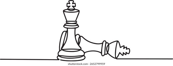 Minimalist one line drawing of chess game with white pawn beside fallen black king on horizontal baseline

