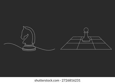 Dibujo minimalista de una línea de piezas de ajedrez - Caballero y peón sobre fondo oscuro