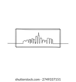 Minimalist one line drawing of a city skyline within a rectangular frame