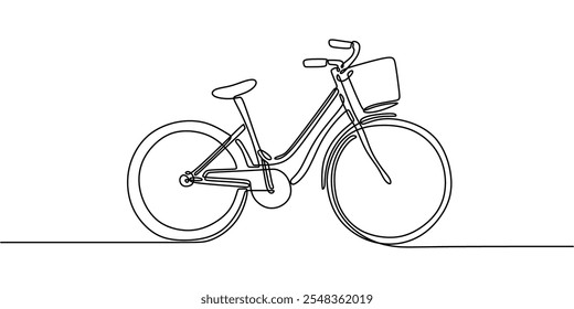 Desenho minimalista de uma linha de uma bicicleta clássica com uma cesta, simbolizando nostalgia, simplicidade e estilo de vida vintage.