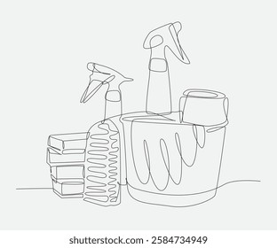 Minimalist one line drawing of cleaning supplies, including spray bottles, sponges, and a bucket. Perfect for hygiene, sanitation, and cleaning service visuals.