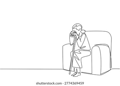 Minimalist one line drawing of a depressed elderly woman sitting on sofa with stick. Isolation concept makes a powerful statement for World Elder Abuse Awareness Day awareness posters and print media