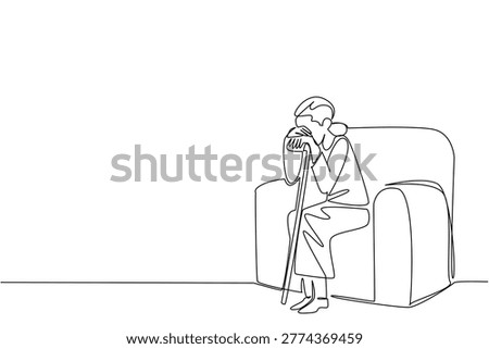 Minimalist one line drawing of a depressed elderly woman sitting on sofa with stick. Isolation concept makes a powerful statement for World Elder Abuse Awareness Day awareness posters and print media