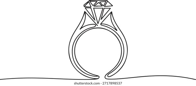Dibujo minimalista de una línea de anillo de compromiso de diamantes, arte moderno de línea continua, contorno negro simple, icono de joyería de lujo. dibujo de icono de una línea
