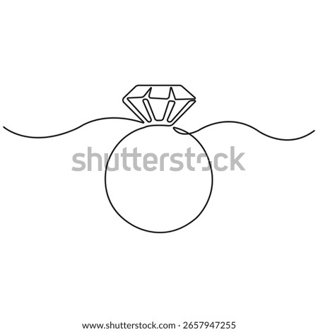 Minimalist one line drawing of diamond engagement ring, modern continuous line art, simple black outline, luxury jewelry icon, isolated on white background illustration