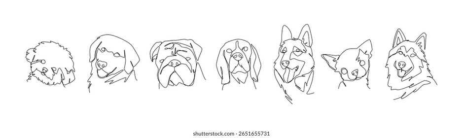 Desenho minimalista de uma linha de retratos de cães. Filhote, curandeiro, buldogue, beagle, pastor alemão, chihuahua, husky. Ilustração vetorial editável.