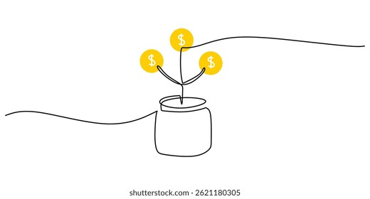 Minimalista Una Línea De Dibujo De La Moneda Del Dólar Planta Pot. Arte vectorial del Concepto de Crecimiento Financiero.