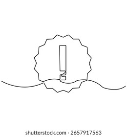 Minimalist one line drawing of exclamation mark in badge shape, modern continuous line art, simple black outline, isolated on white background illustration.