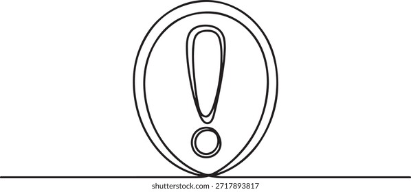 Minimalist one line drawing of exclamation mark in badge shape, modern continuous line art, simple black outline. one line Icon drawing
