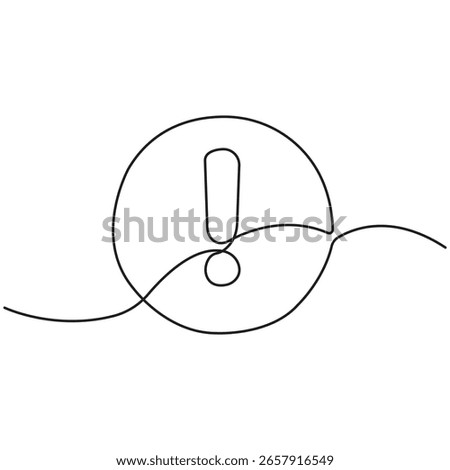 Minimalist one line drawing of exclamation mark in badge shape, modern continuous line art, simple black outline, isolated on white background illustration.