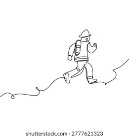 Minimalist one line drawing of a firefighter in uniform running towards an emergency or rescue mission.