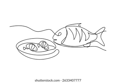 Dibujo minimalista de una línea de un pez y un cuenco con peces