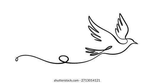A minimalist one line drawing of a flying dove symbolizing freedom and peace Vector, illustration