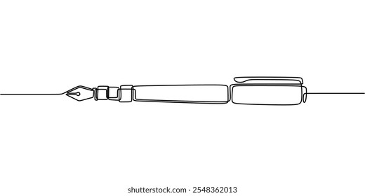 Minimalist one line drawing of a fountain pen with nib, symbolizing classic writing tools and creative expression.