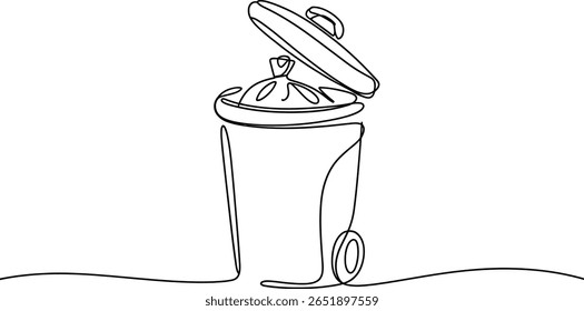 Desenho minimalista de uma linha de uma lixeira com rodas e tampa aberta
