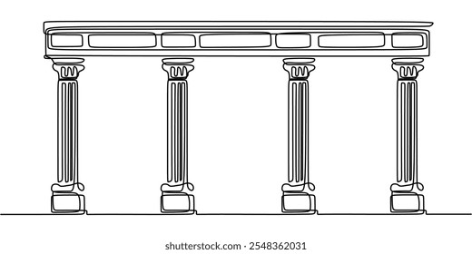 Desenho minimalista de uma linha de colunas gregas, simbolizando a arquitetura histórica, a cultura antiga e a elegância clássica.