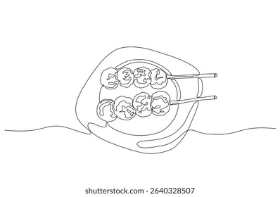 Minimalist one line drawing of grilled meatballs on skewers, Thai street food concept in continuous line art style. Vector Editable stroke