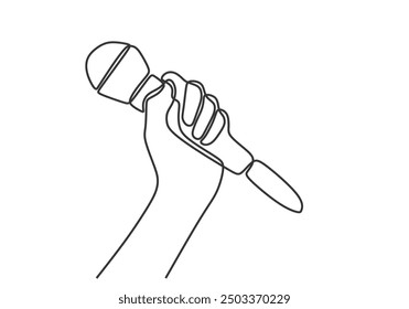 Dibujo minimalista de una línea de un micrófono de mano. Arte conceptual de interpretación musical