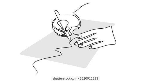 Minimalist One Line Drawing Hand Writing Paper Pen. Productivity Note Taking Vector Art.