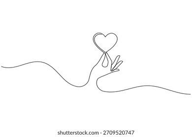 Dibujo minimalista de una línea de una mano sosteniendo suavemente un corazón, simbolizando el amor.