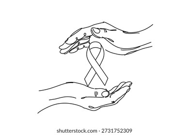 Minimalista Uma Linha Desenhando Mãos Segurando o Símbolo de Fita da Caridade da Consciência