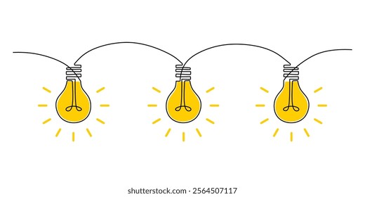 Minimalist one line drawing of hanging light bulbs. Symbolizing the illumination of creative ideas, innovation, and inspiration in a simple design. Vector illustration minimalist hand drawn.