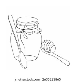 Minimalist one line drawing of a honey jar with spoon and dipper on white background