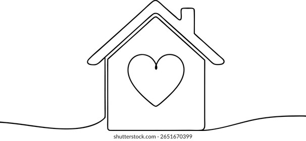 Desenho minimalista de uma linha de uma casa com um símbolo de coração - amor, casa e conceito de família em estilo de arte de linha simples
