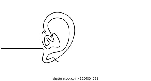 Minimalist one line drawing of a human ear a contemporary artistic interpretation of human anatomy, Human ear continuous one line drawing of isolated outline vector icon, Human ear continuous one line