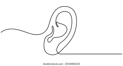 Minimalist one line drawing of a human ear a contemporary artistic interpretation of human anatomy, Human ear continuous one line drawing of isolated outline vector icon, Human ear continuous one line